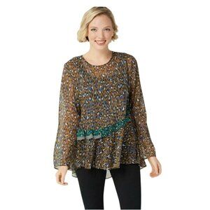 LOGO by Lori Goldstein Brown Leopard Print Peplum Blouse with Green Accents